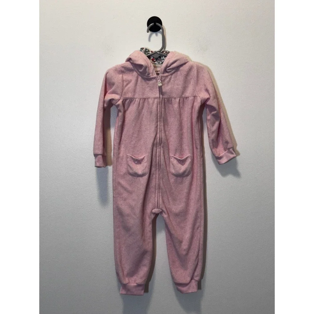 Carters Pink Fleece Hooded Jumpsuit Bear Seat Floral Lining 24M Baby Girl